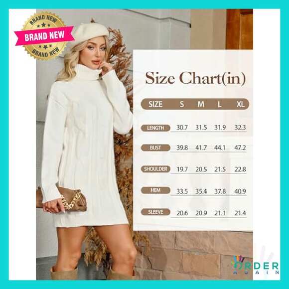 Long Sleeve Turtleneck Sweater Dress Ribbed Knit Stretchy Midi Elegant - Picture 5 of 6